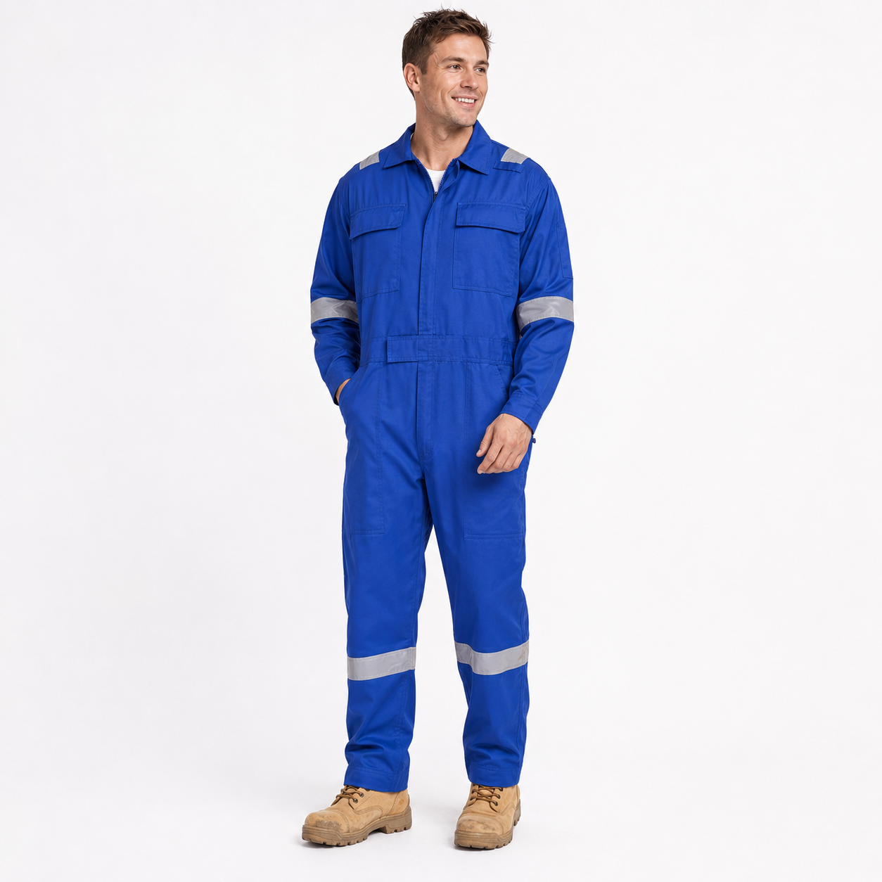 Blue cotton work coverall with reflective tape, bulk workwear for contractors and labour-hire crews, sizes M to 5XL