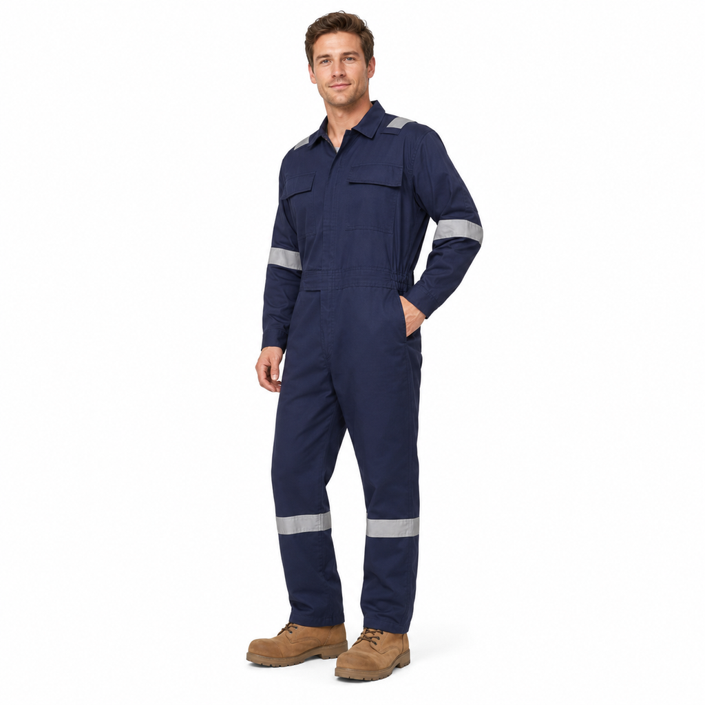 Navy blue 100% cotton coverall with reflective tape on shoulders, sleeves and legs, in 175 gsm and 270 gsm, sizes M to 5XL