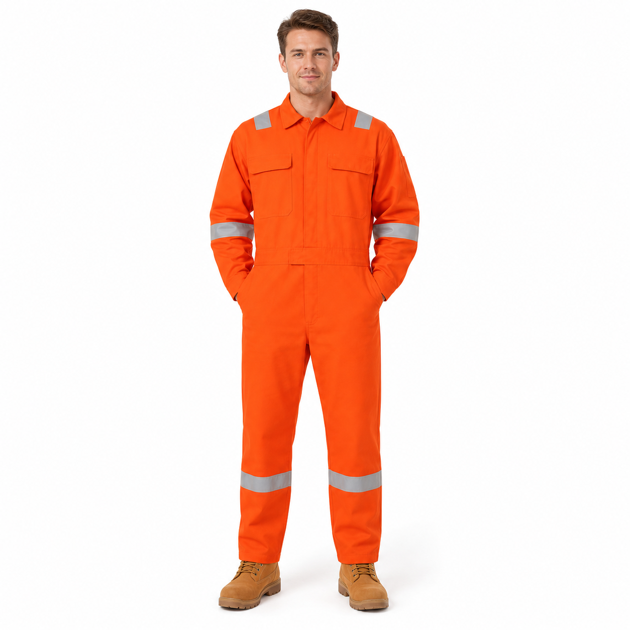 Orange cotton coverall with reflective tape, the standard issue boiler suit for deck and engine-room crew