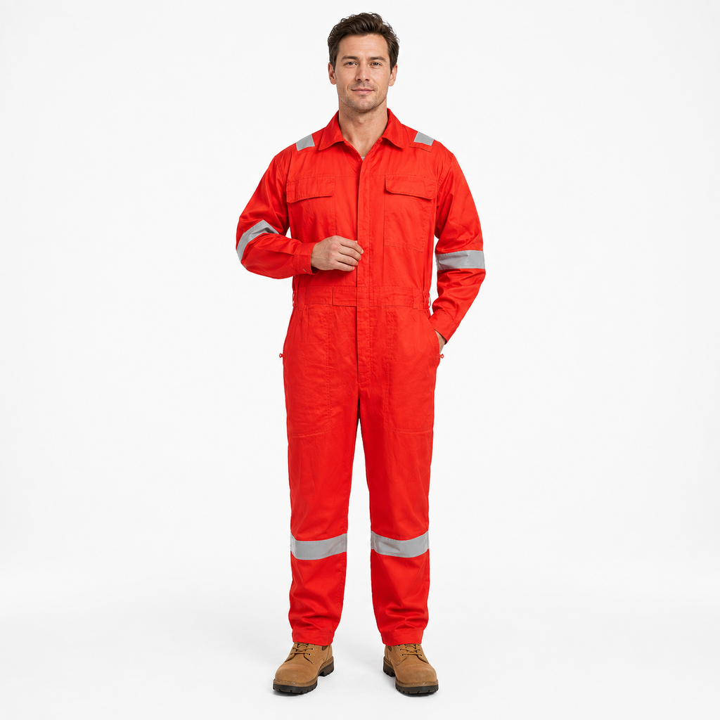 Red cotton coverall with reflective tape for outdoor construction and utility crews, sizes M to 5XL