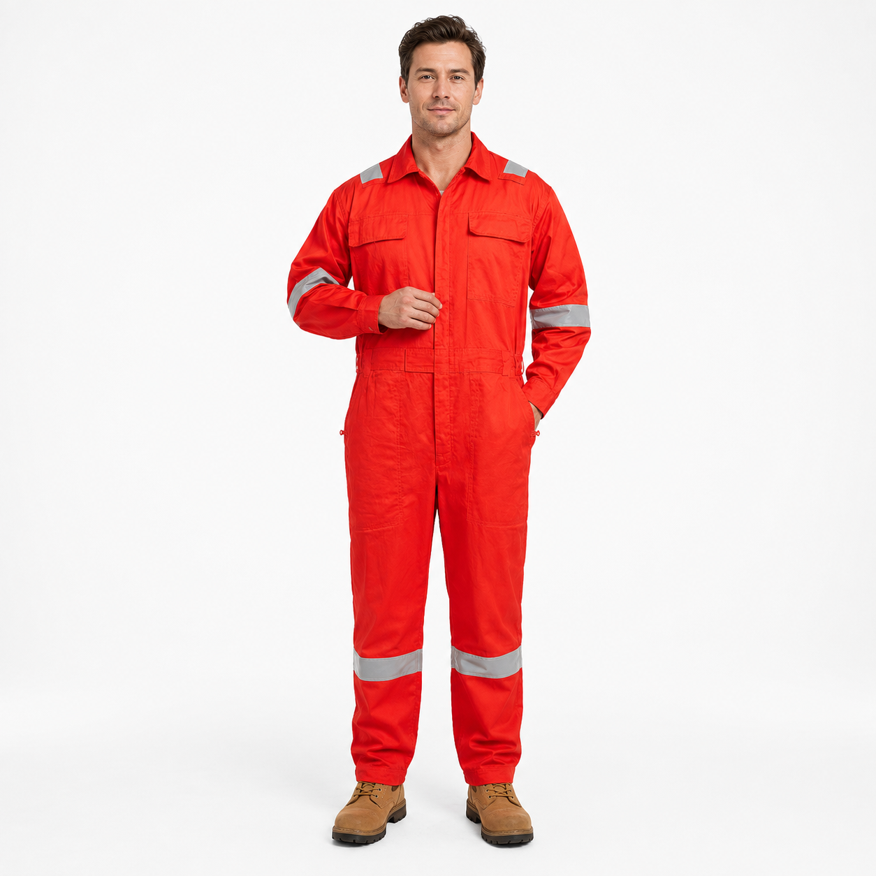 Red cotton coverall with reflective tape for outdoor construction and utility crews, sizes M to 5XL