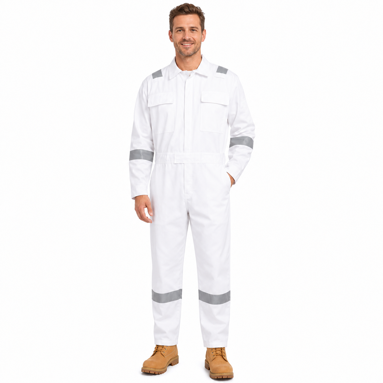 White cotton coverall for food and beverage plants and painting work, 100% cotton in 175 gsm and 270 gsm