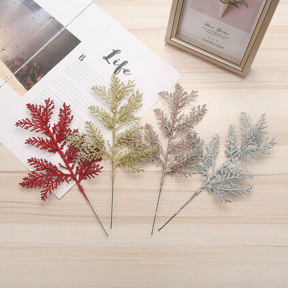 10pcs RoseGold Glitter Fern Leaf Christmas Tree Beautiful Scene Xmas Ornament Prop Leaves