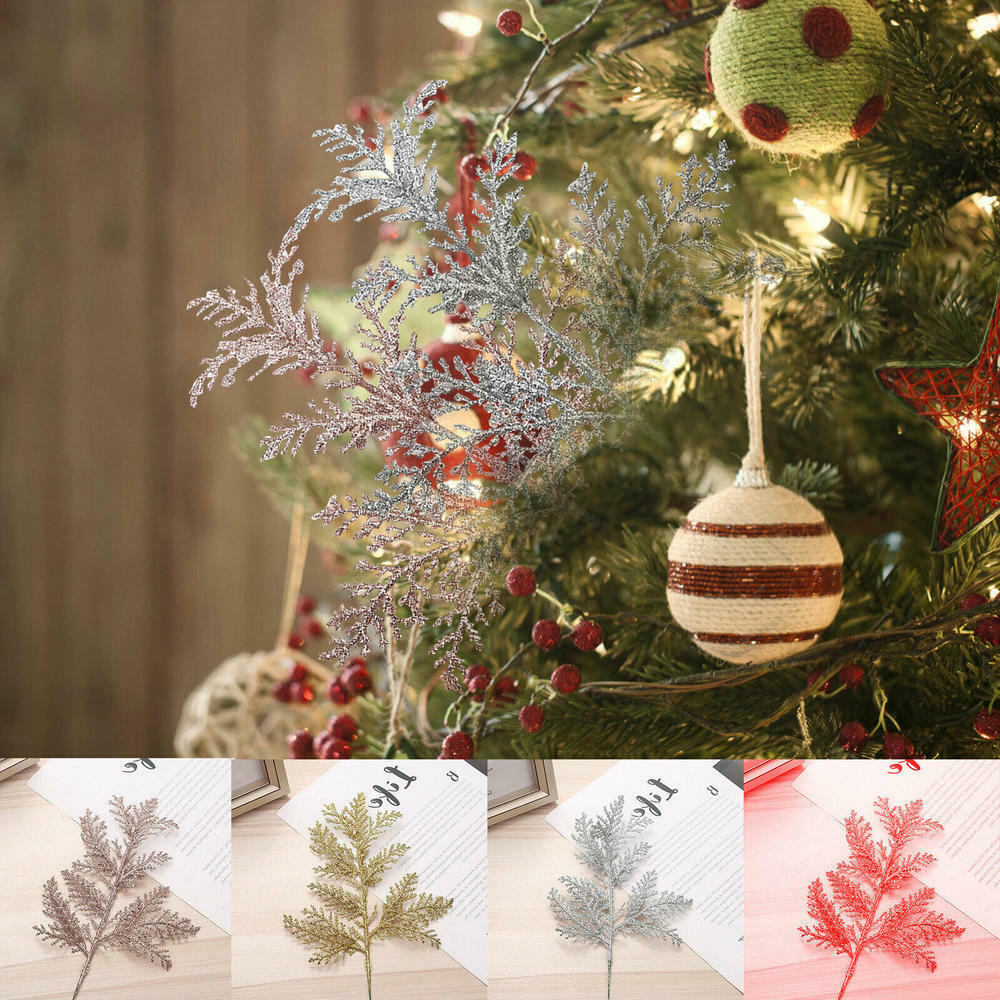 10pcs RoseGold Glitter Fern Leaf Christmas Tree Beautiful Scene Xmas Ornament Prop Leaves