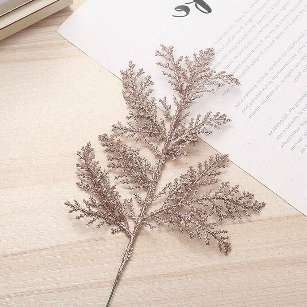 10pcs RoseGold Glitter Fern Leaf Christmas Tree Beautiful Scene Xmas Ornament Prop Leaves